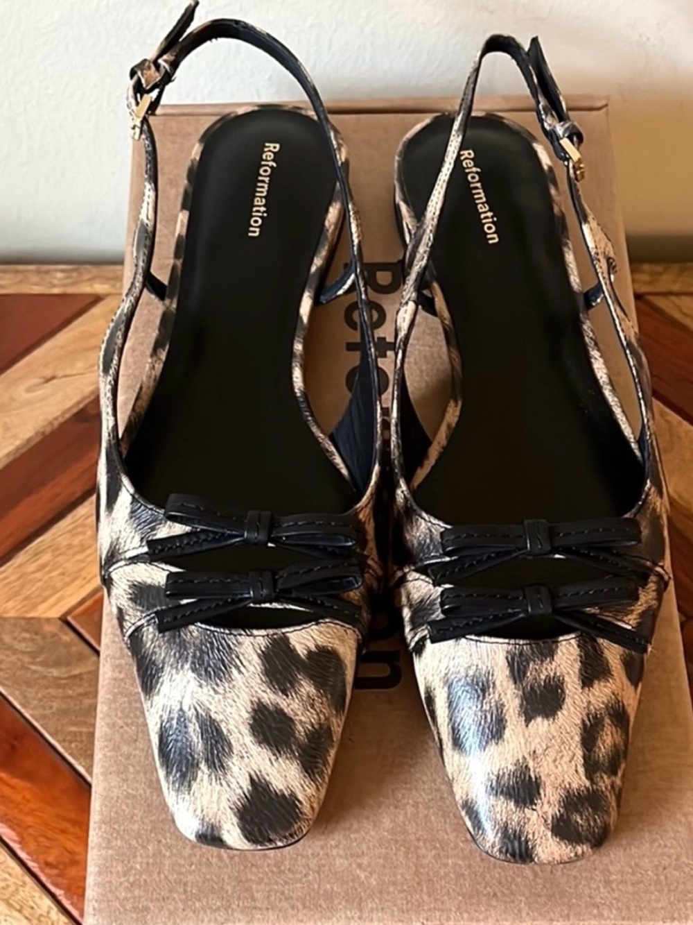 Reformation square toe, black and tan leopard print sling back flats NWOT SZ 8.5 - Picture 5 of 15